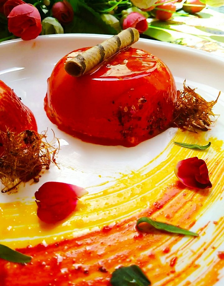 Thandai Panna Cotta with White Chocolate Mirror Glaze